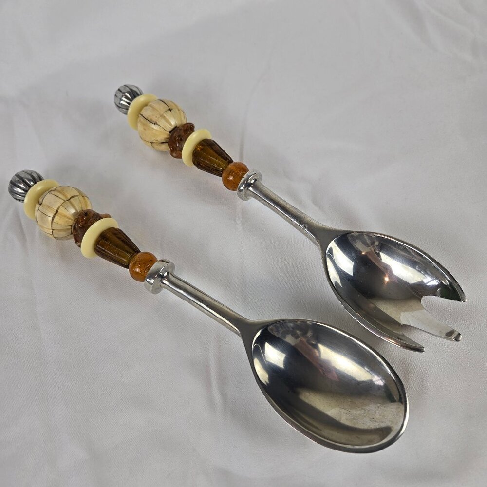 Vintage Serving Pieces Fork Spoon Amber Glass Cream Bakelite Beads Silver Plate